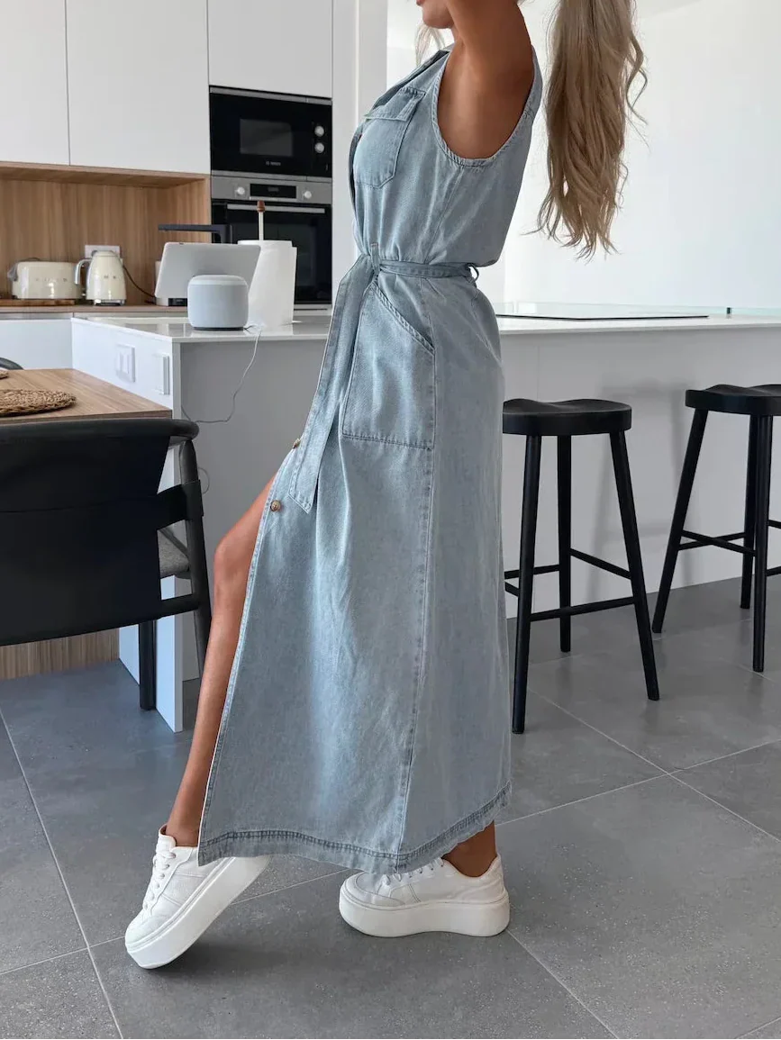 Maxi Abito Donna | Denim Leggero & Spacco Frontale con Cintura