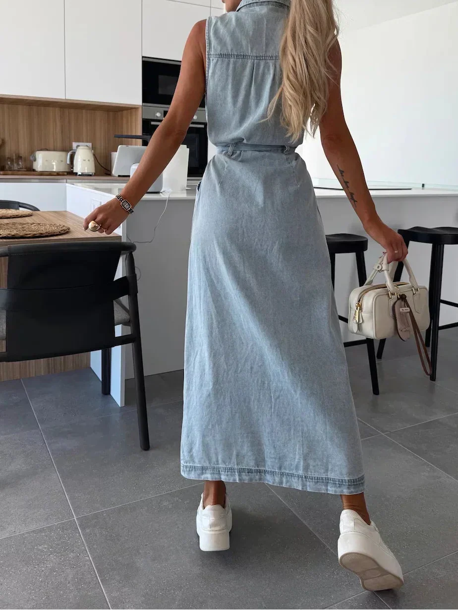 Maxi Abito Donna | Denim Leggero & Spacco Frontale con Cintura