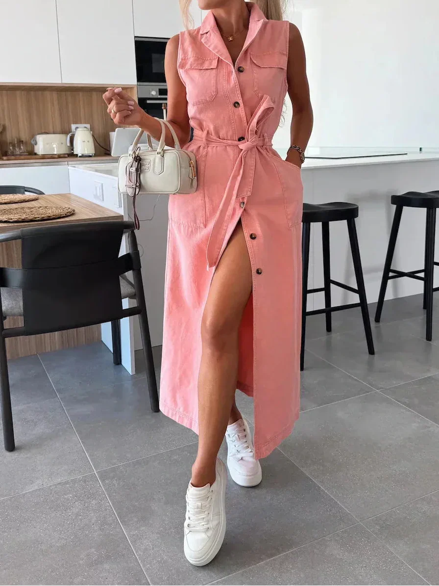 Maxi Abito Donna | Denim Leggero & Spacco Frontale con Cintura