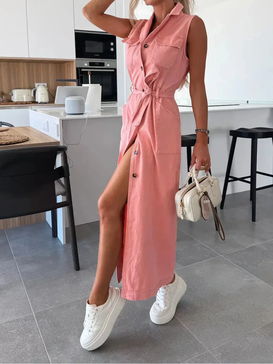 Maxi Abito Donna | Denim Leggero & Spacco Frontale con Cintura