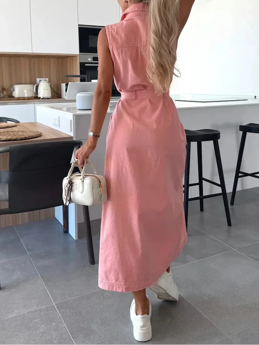 Maxi Abito Donna | Denim Leggero & Spacco Frontale con Cintura