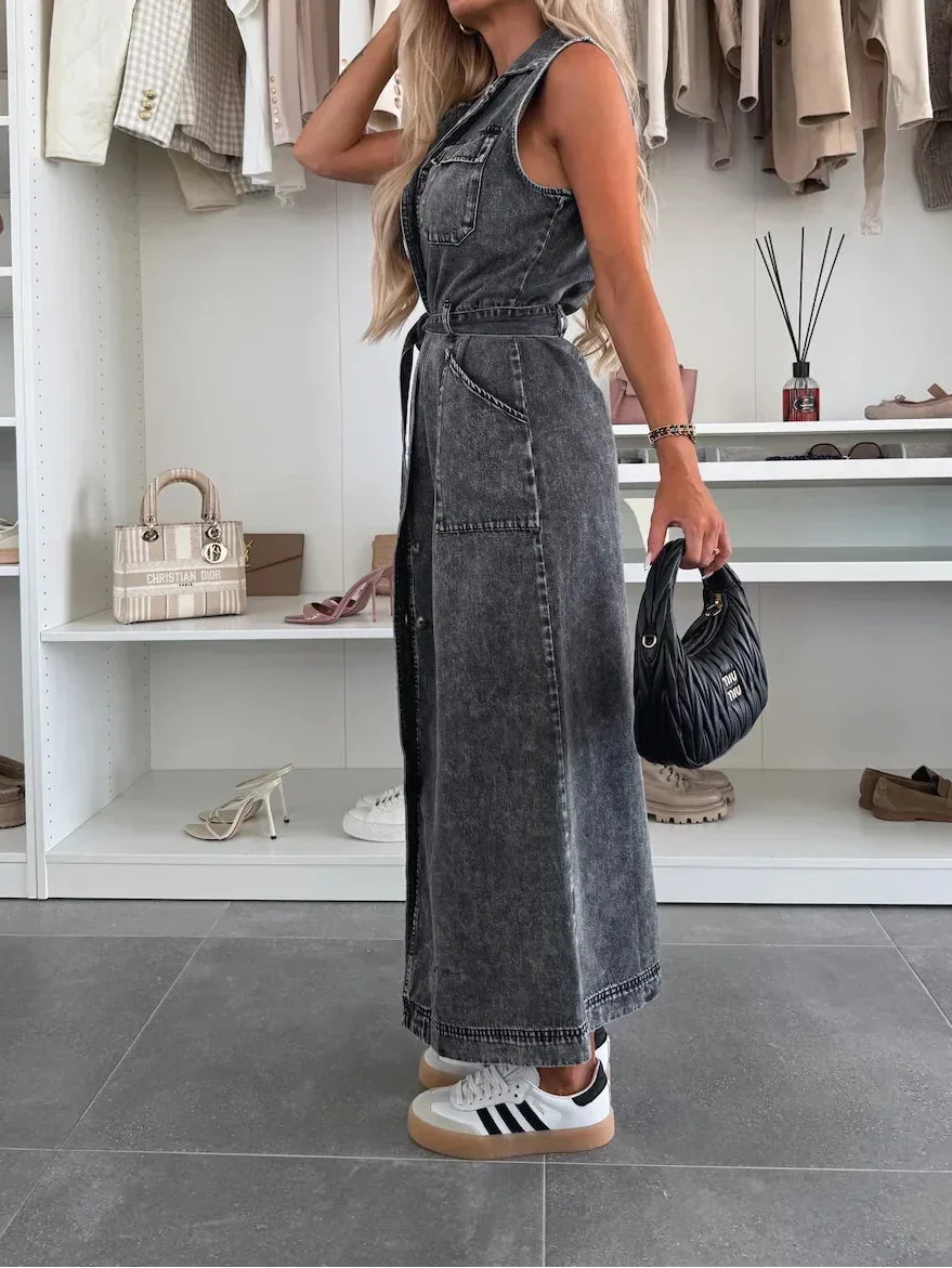 Maxi Abito Donna | Denim Leggero & Spacco Frontale con Cintura
