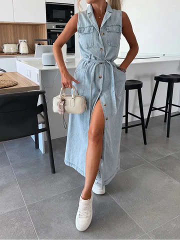 Maxi Abito Donna | Denim Leggero & Spacco Frontale con Cintura