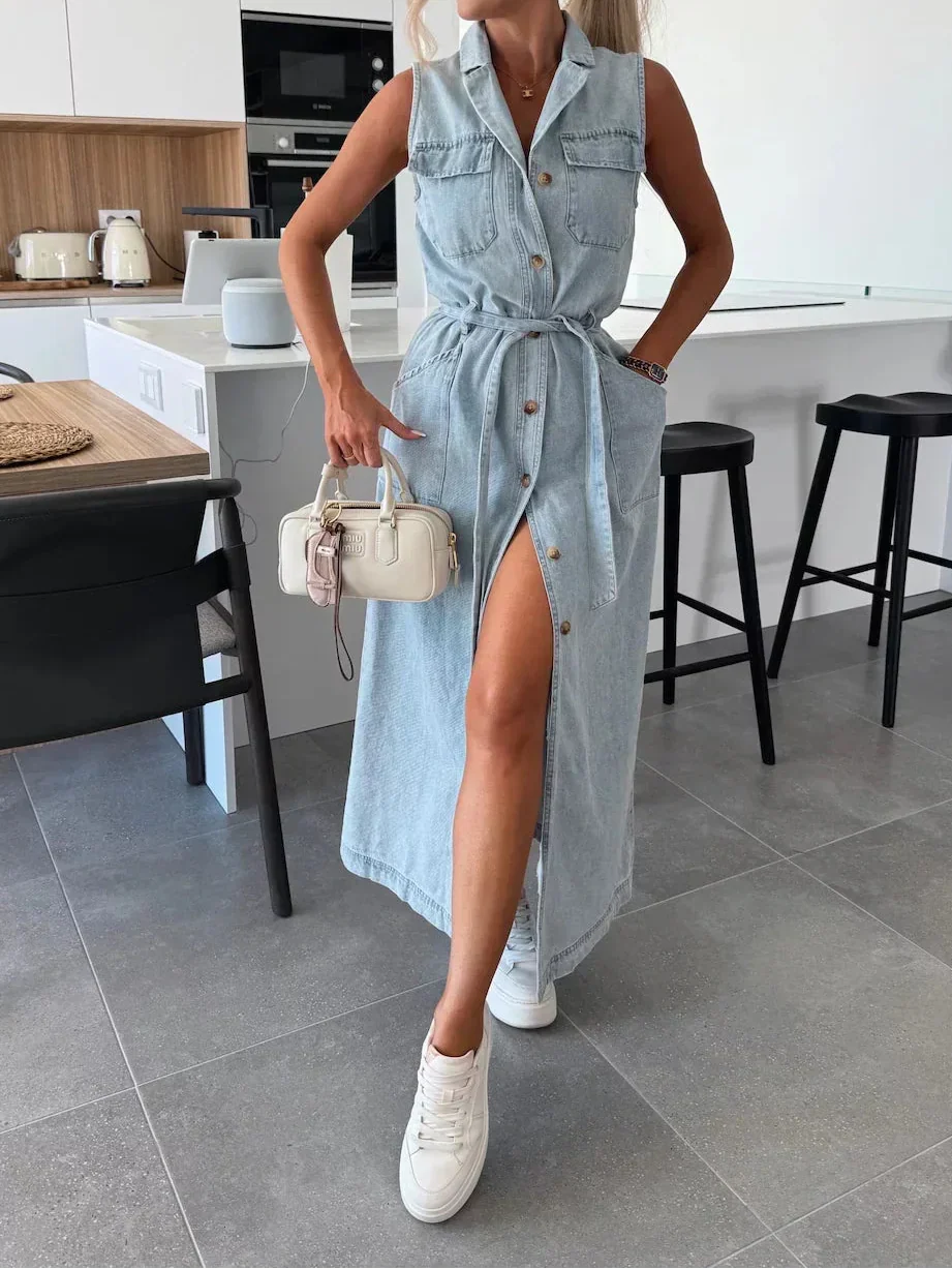 Maxi Abito Donna | Denim Leggero & Spacco Frontale con Cintura