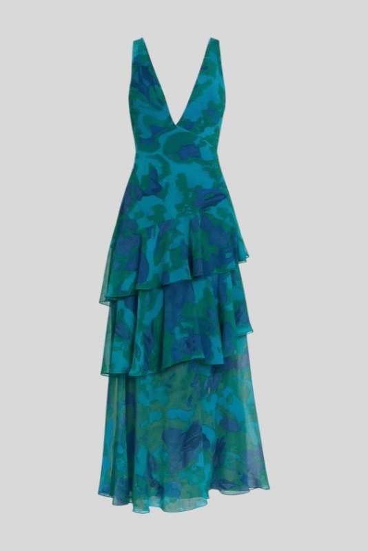 Maxi Abito Donna | Floreale con Gonna a Volant a Cascata & Scollo a V