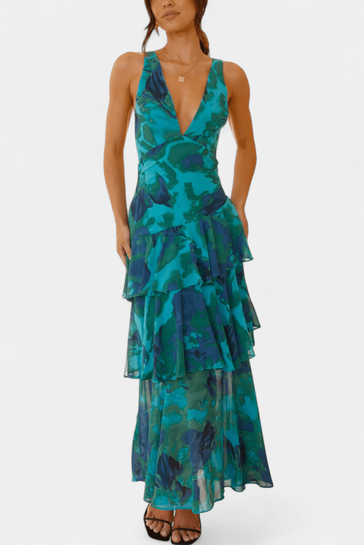 Maxi Abito Donna | Floreale con Gonna a Volant a Cascata & Scollo a V