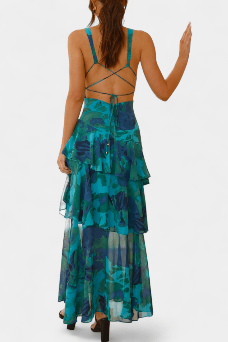 Maxi Abito Donna | Floreale con Gonna a Volant a Cascata & Scollo a V