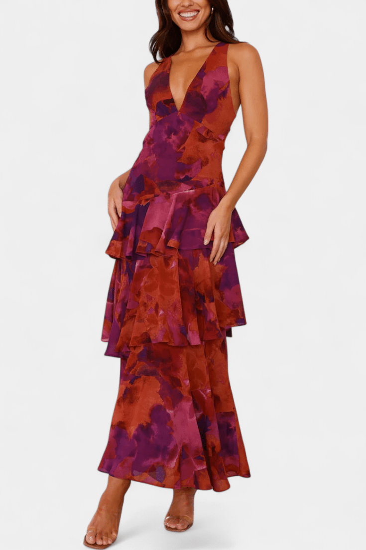 Maxi Abito Donna | Floreale con Gonna a Volant a Cascata & Scollo a V