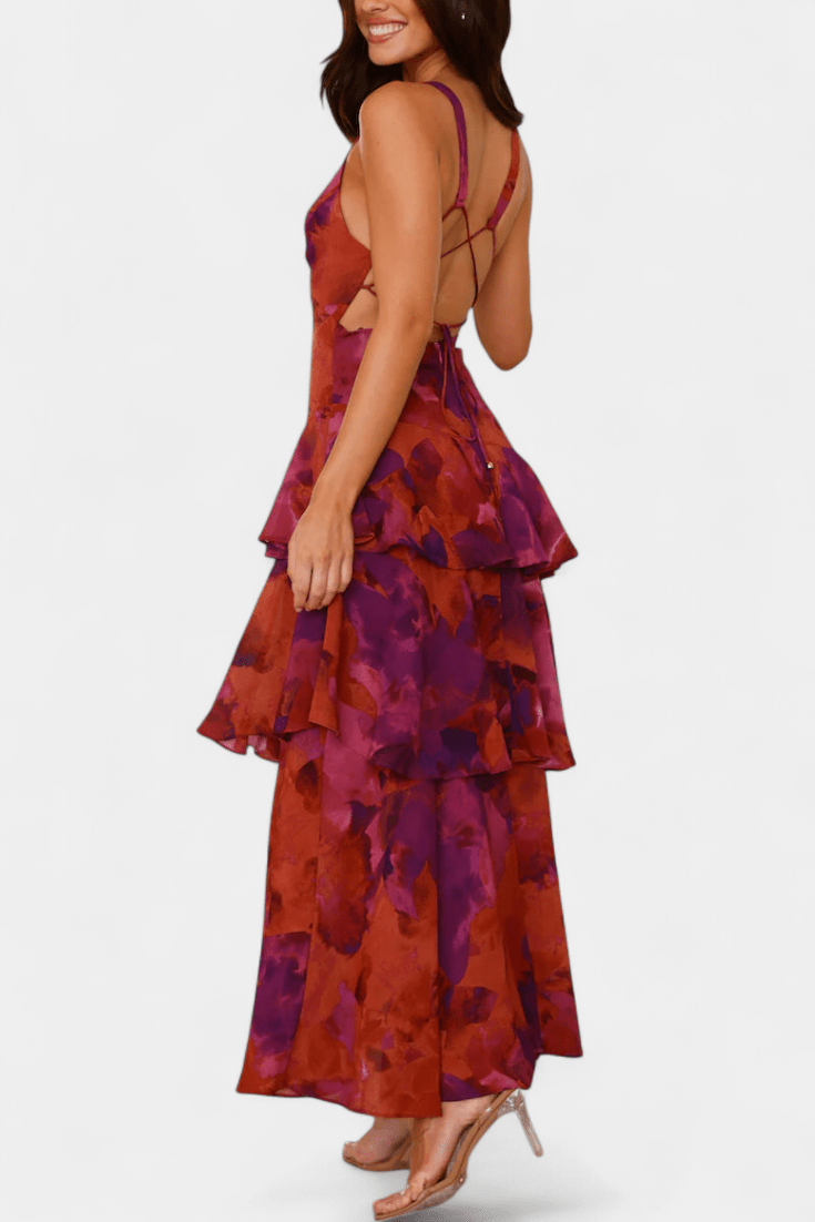 Maxi Abito Donna | Floreale con Gonna a Volant a Cascata & Scollo a V
