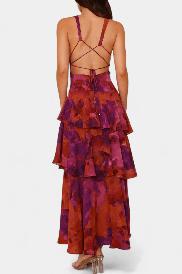 Maxi Abito Donna | Floreale con Gonna a Volant a Cascata & Scollo a V