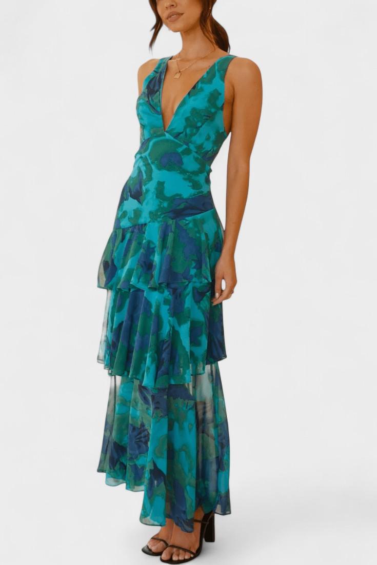 Maxi Abito Donna | Floreale con Gonna a Volant a Cascata & Scollo a V