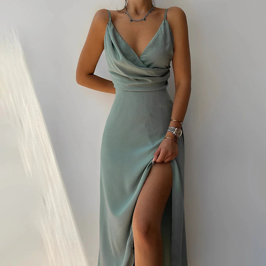 Maxi Abito Donna | Scollatura Cowl & Spacco Alto con Spalline Sottili