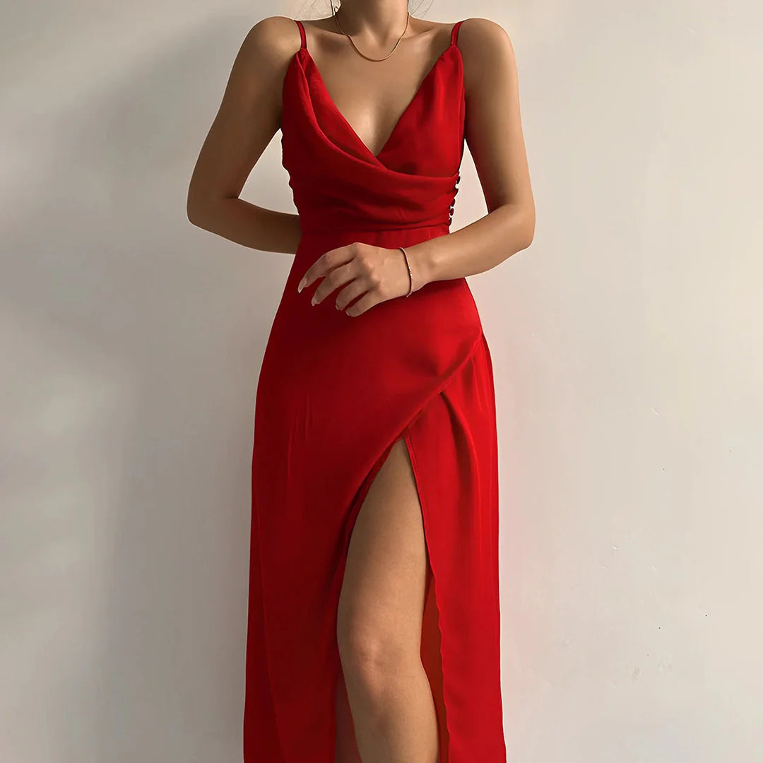 Maxi Abito Donna | Scollatura Cowl & Spacco Alto con Spalline Sottili