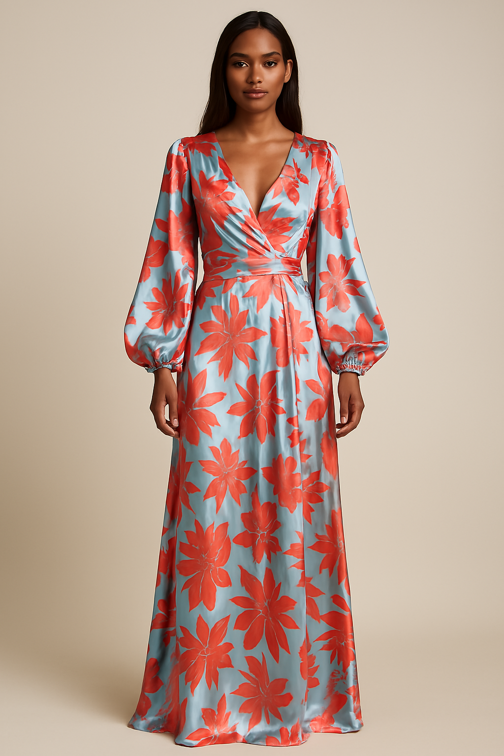 Maxi Abito Donna | Stampa Botanica Bold & Maniche a Palloncino con Fascia in Vita