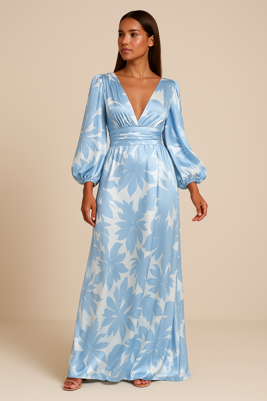Maxi Abito Donna | Stampa Botanica Bold & Maniche a Palloncino con Fascia in Vita