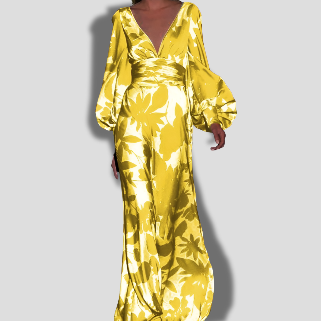 Maxi Abito Donna | Stampa Botanica Bold & Maniche a Palloncino con Fascia in Vita