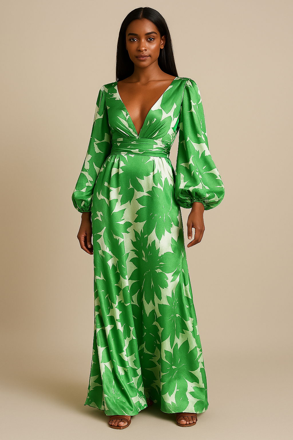 Maxi Abito Donna | Stampa Botanica Bold & Maniche a Palloncino con Fascia in Vita