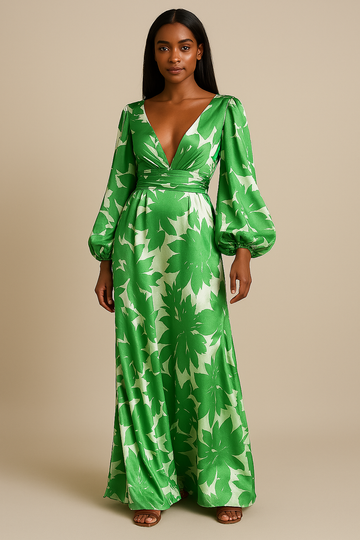 Maxi Abito Donna | Stampa Botanica Bold & Maniche a Palloncino con Fascia in Vita