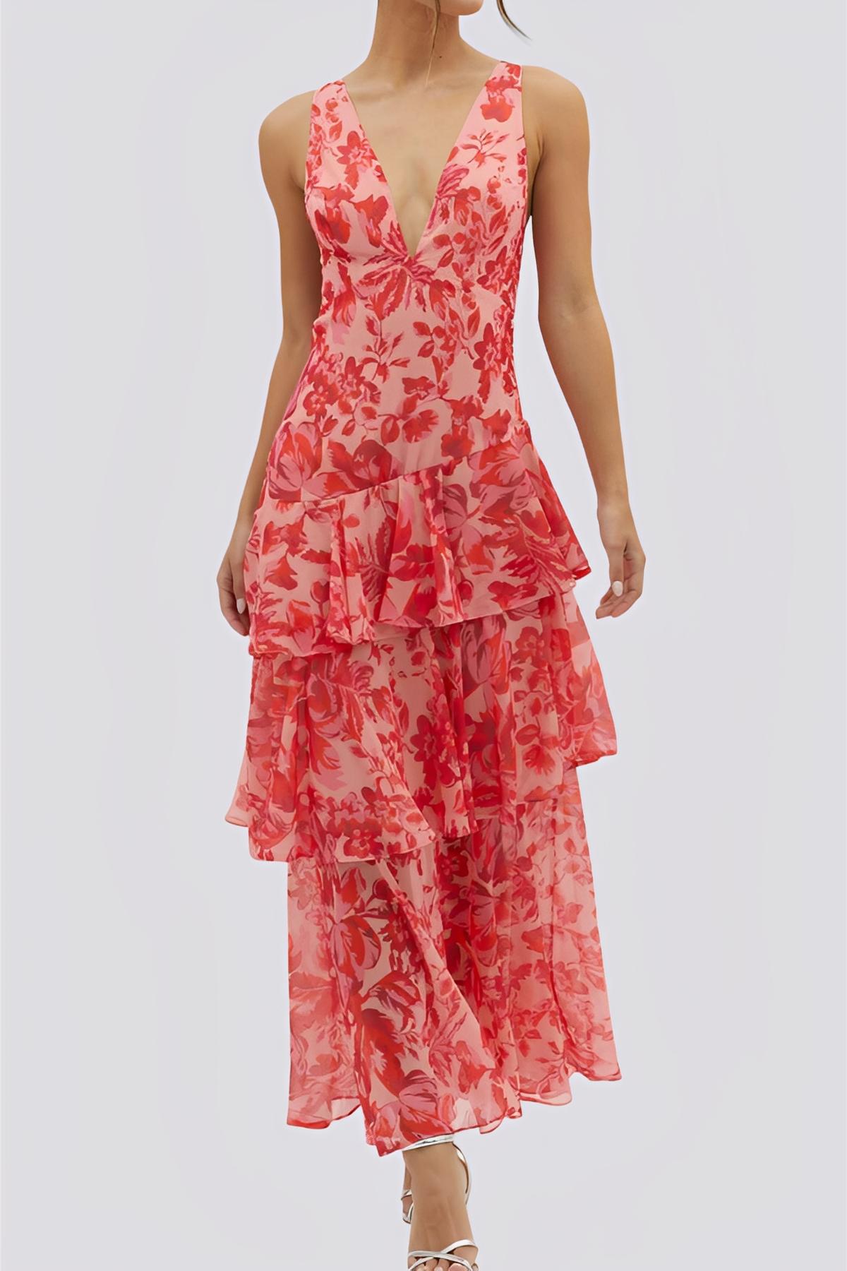Maxi Abito Donna | Stampa Floreale Acquerello & Gonna a Balze Asimmetrica