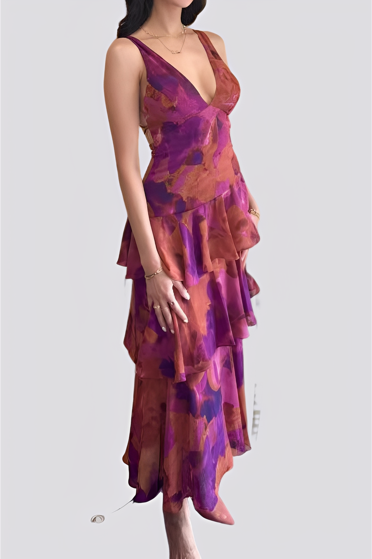 Maxi Abito Donna | Stampa Floreale Acquerello & Gonna a Balze Asimmetrica