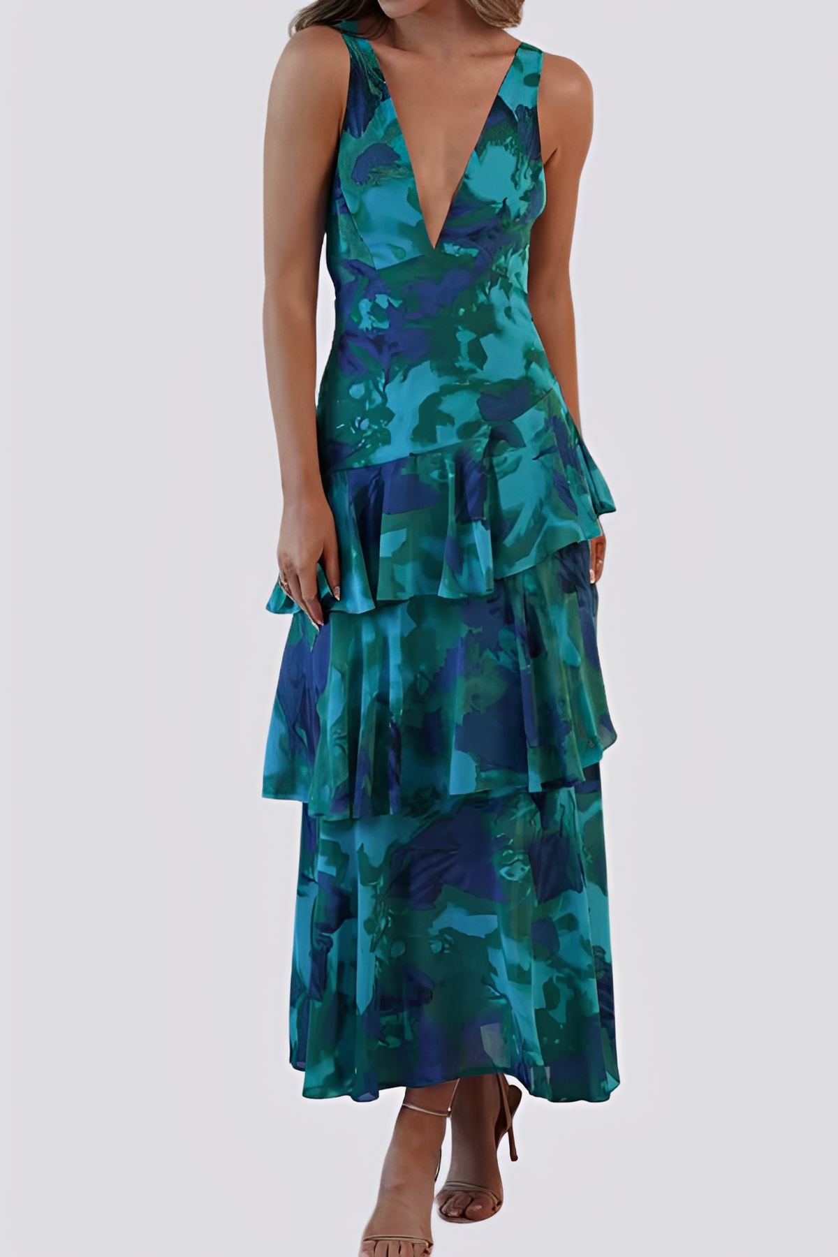 Maxi Abito Donna | Stampa Floreale Acquerello & Gonna a Balze Asimmetrica