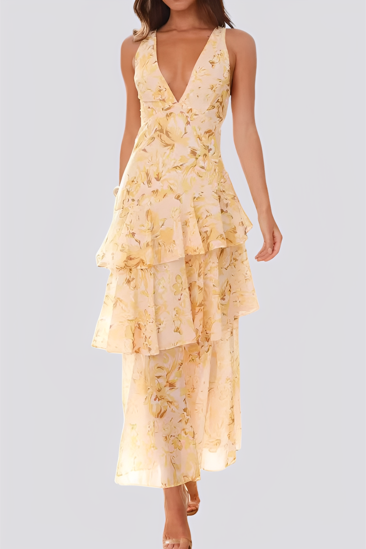 Maxi Abito Donna | Stampa Floreale Acquerello & Gonna a Balze Asimmetrica
