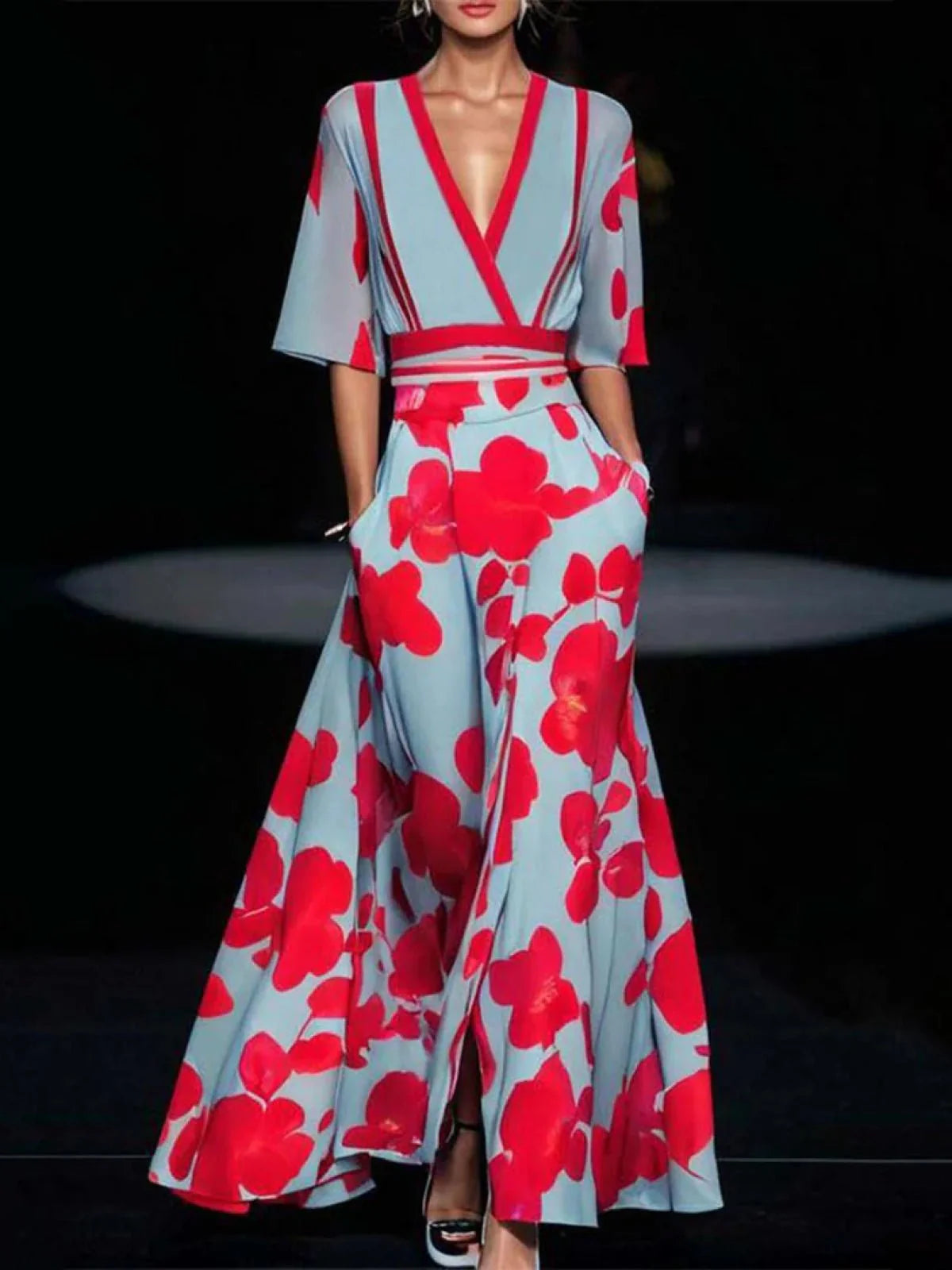 Maxi Abito Donna | Stampa Floreale Bold & Scollatura a V con Bordura