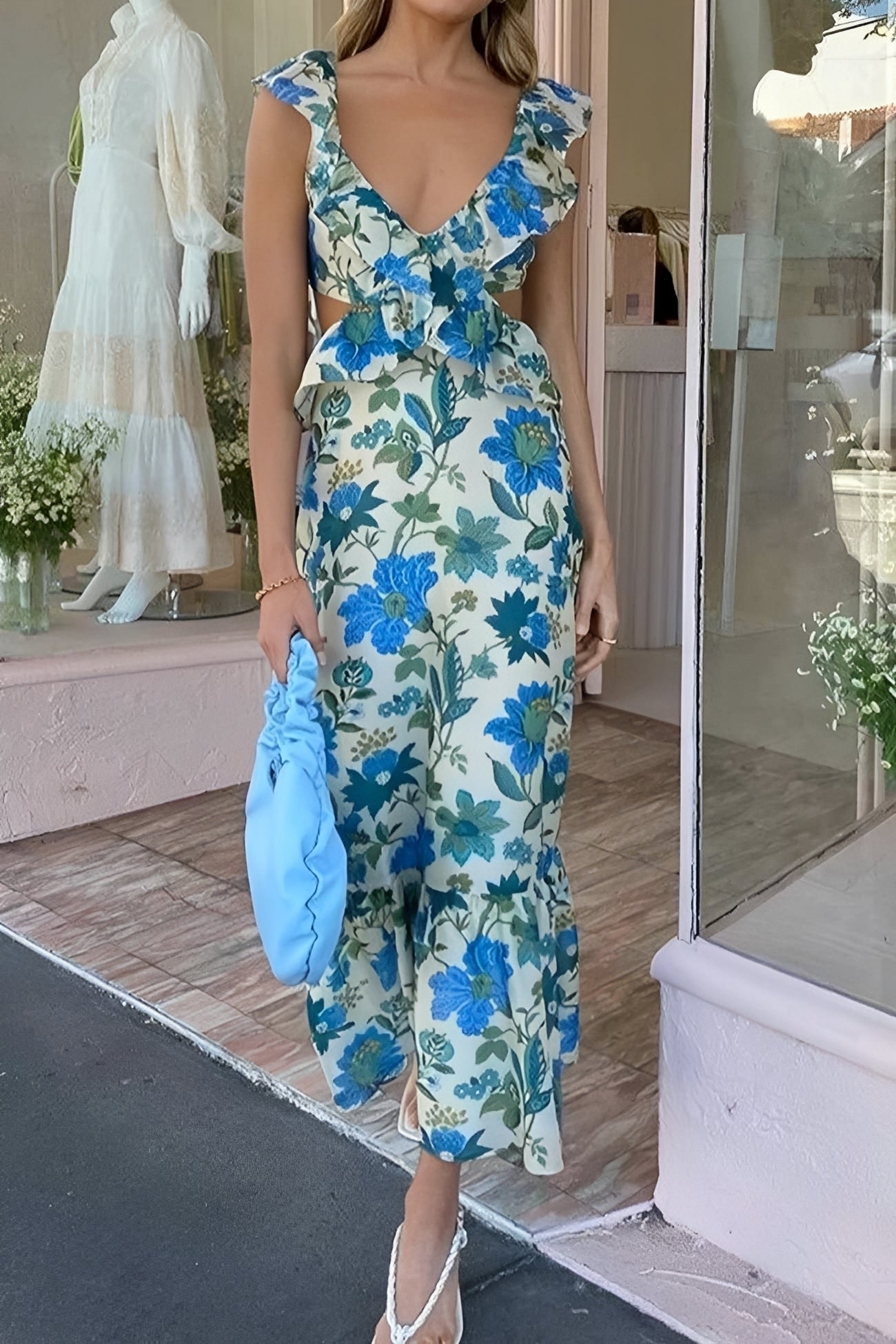 Maxi Abito Donna | Stampa Floreale Botanica & Spalline con Volant e Schiena Aperta