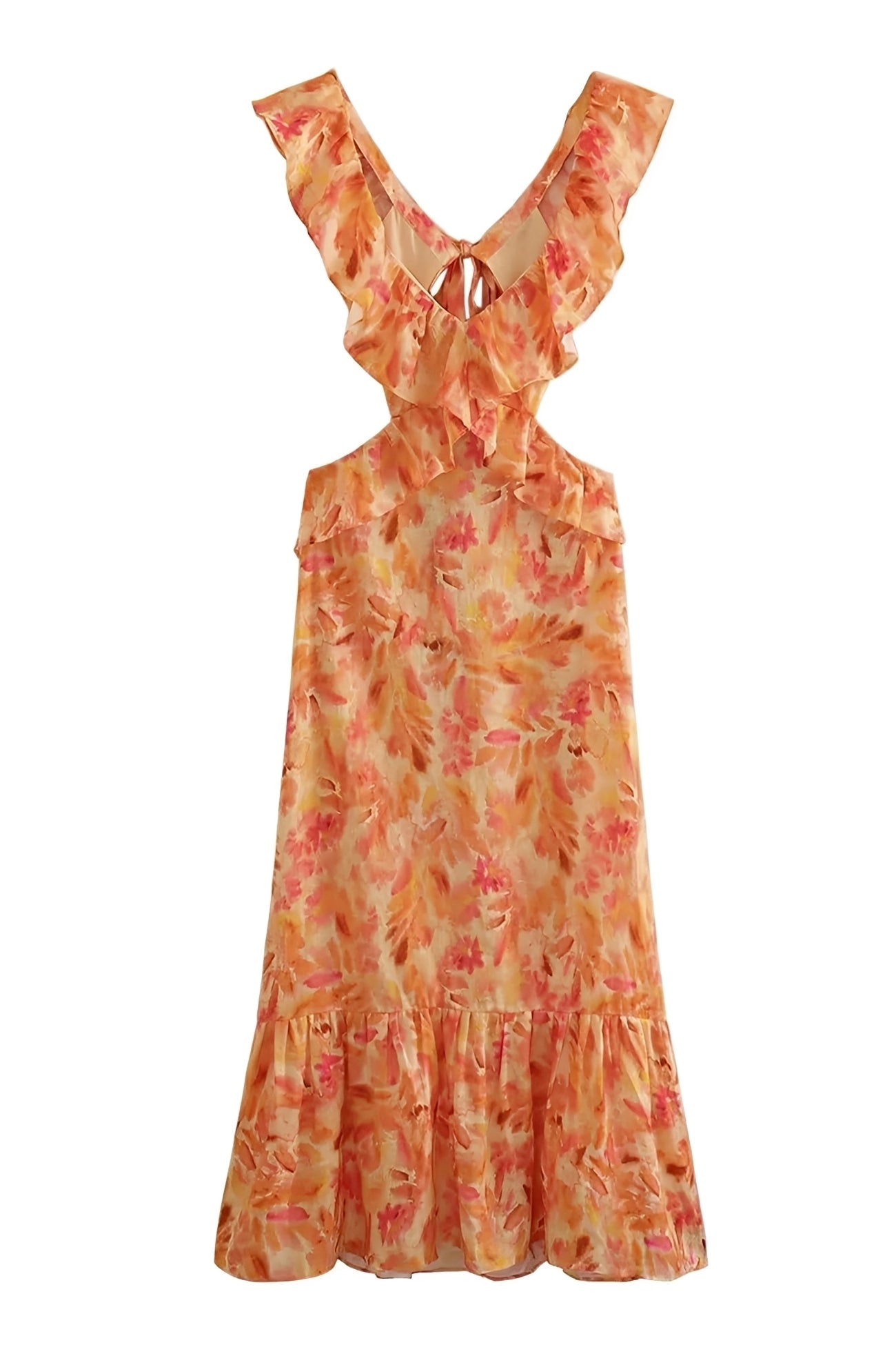 Maxi Abito Donna | Stampa Floreale Botanica & Spalline con Volant e Schiena Aperta
