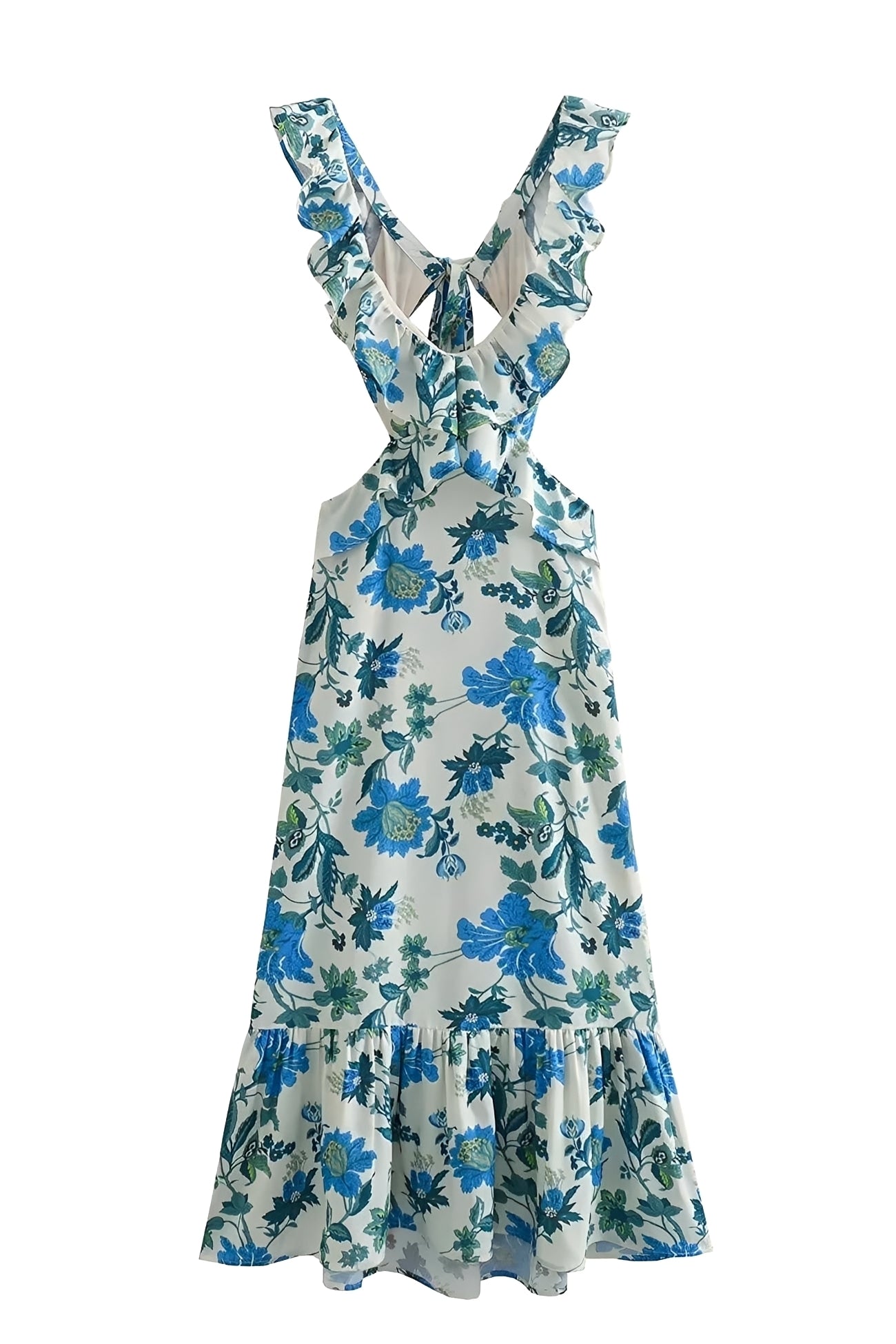 Maxi Abito Donna | Stampa Floreale Botanica & Spalline con Volant e Schiena Aperta
