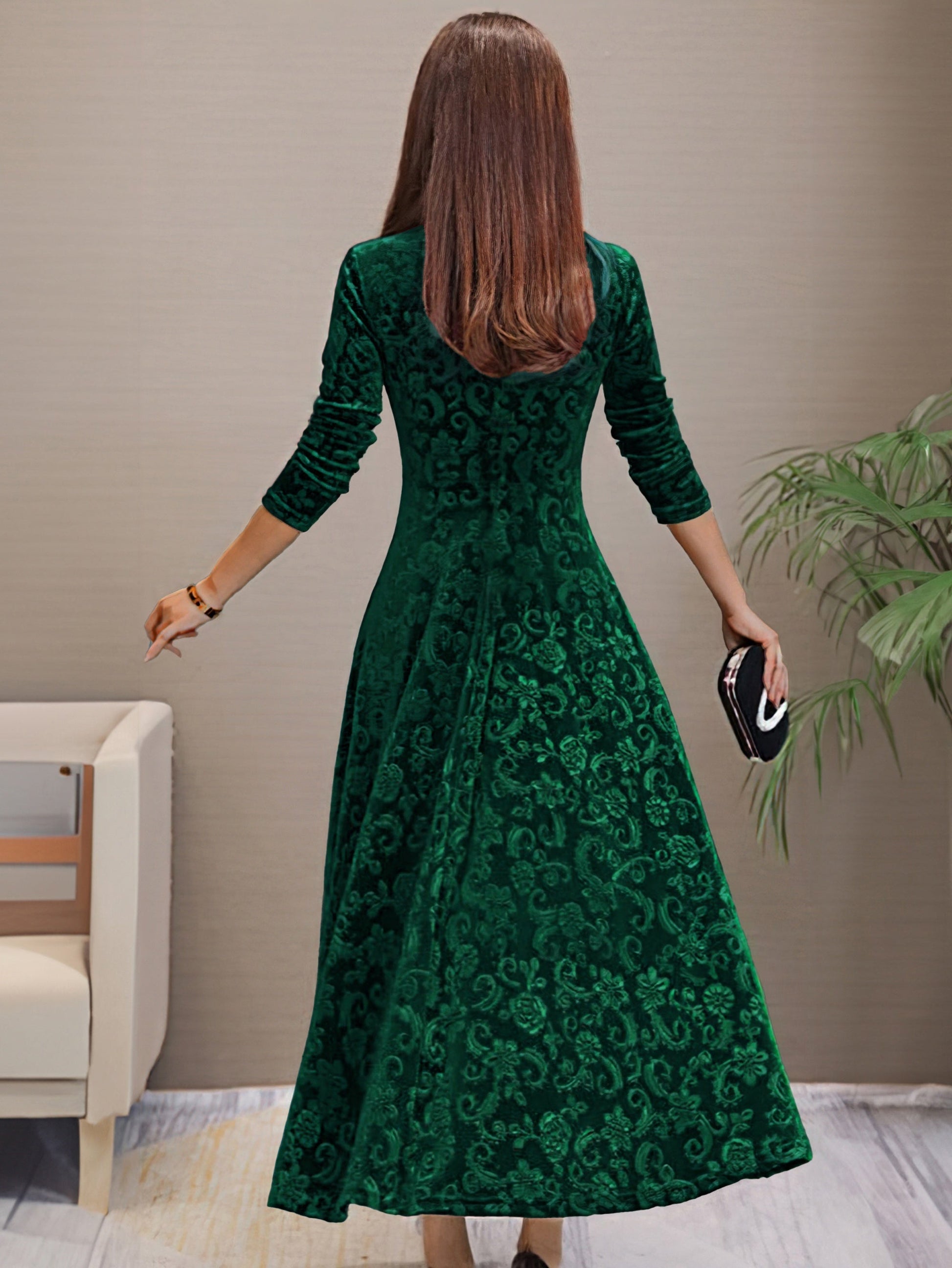Maxi Abito Donna | Velluto con Motivo Jacquard & Gonna Svasata a 360°
