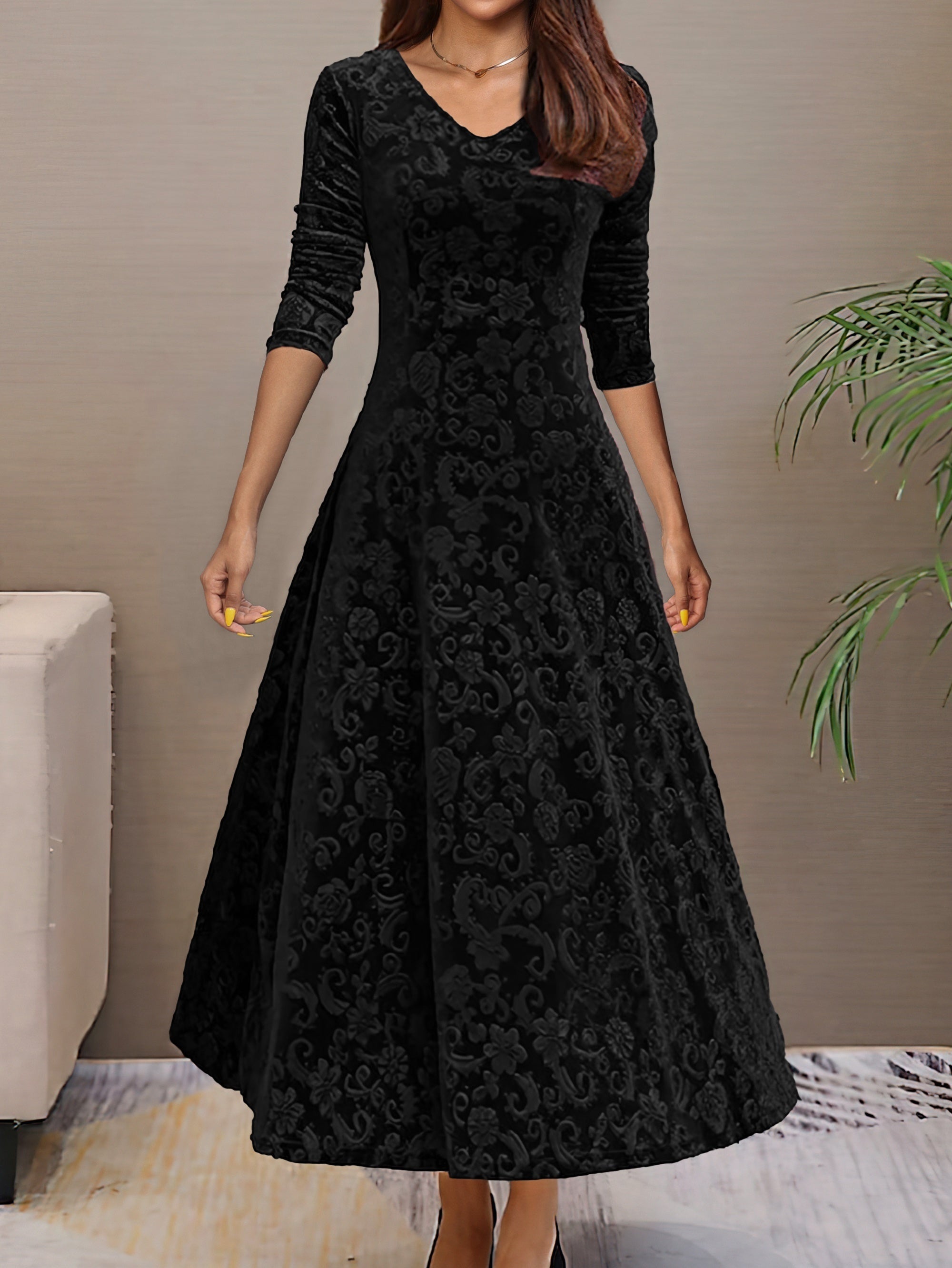 Maxi Abito Donna | Velluto con Motivo Jacquard & Gonna Svasata a 360°