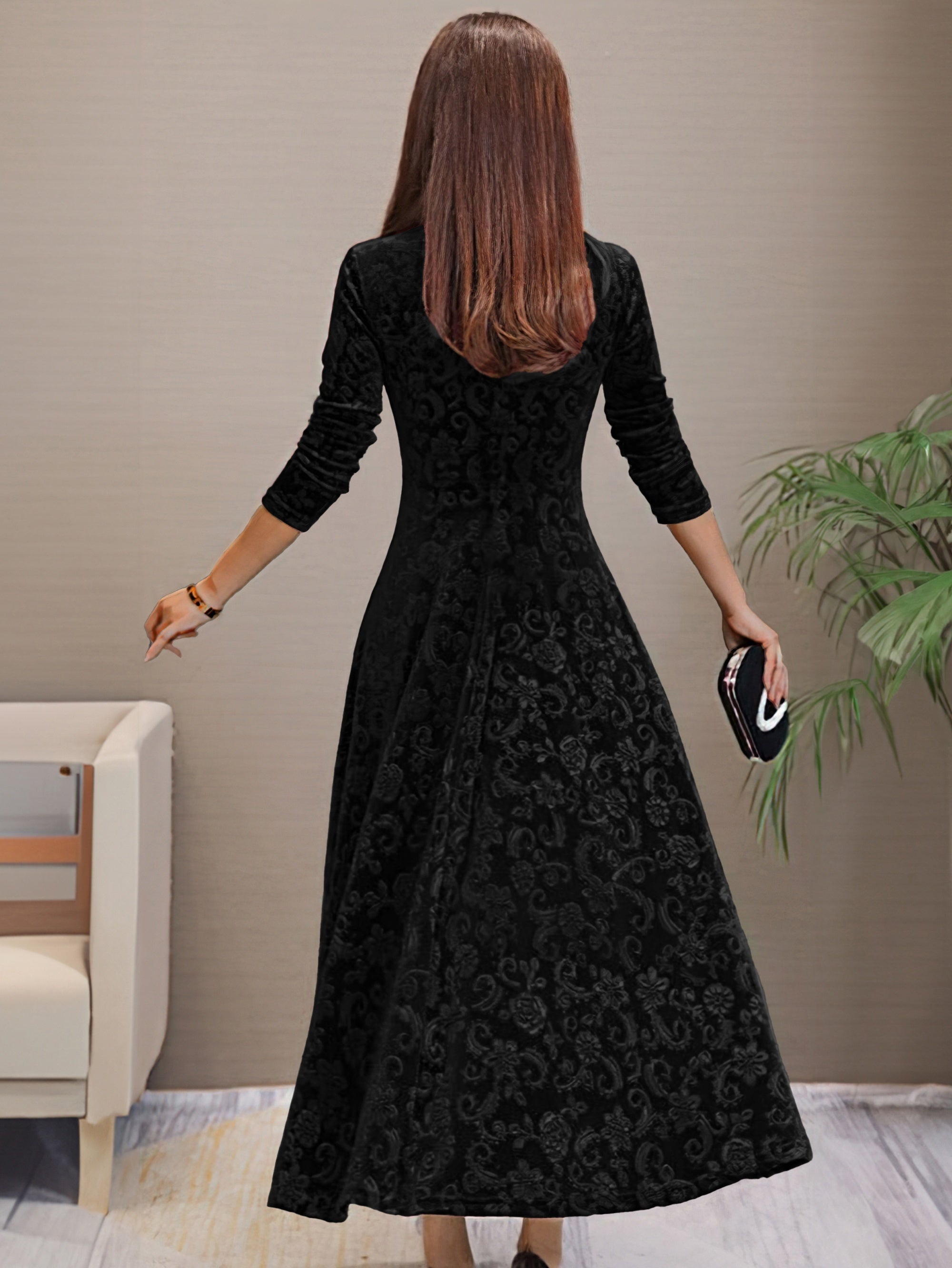 Maxi Abito Donna | Velluto con Motivo Jacquard & Gonna Svasata a 360°