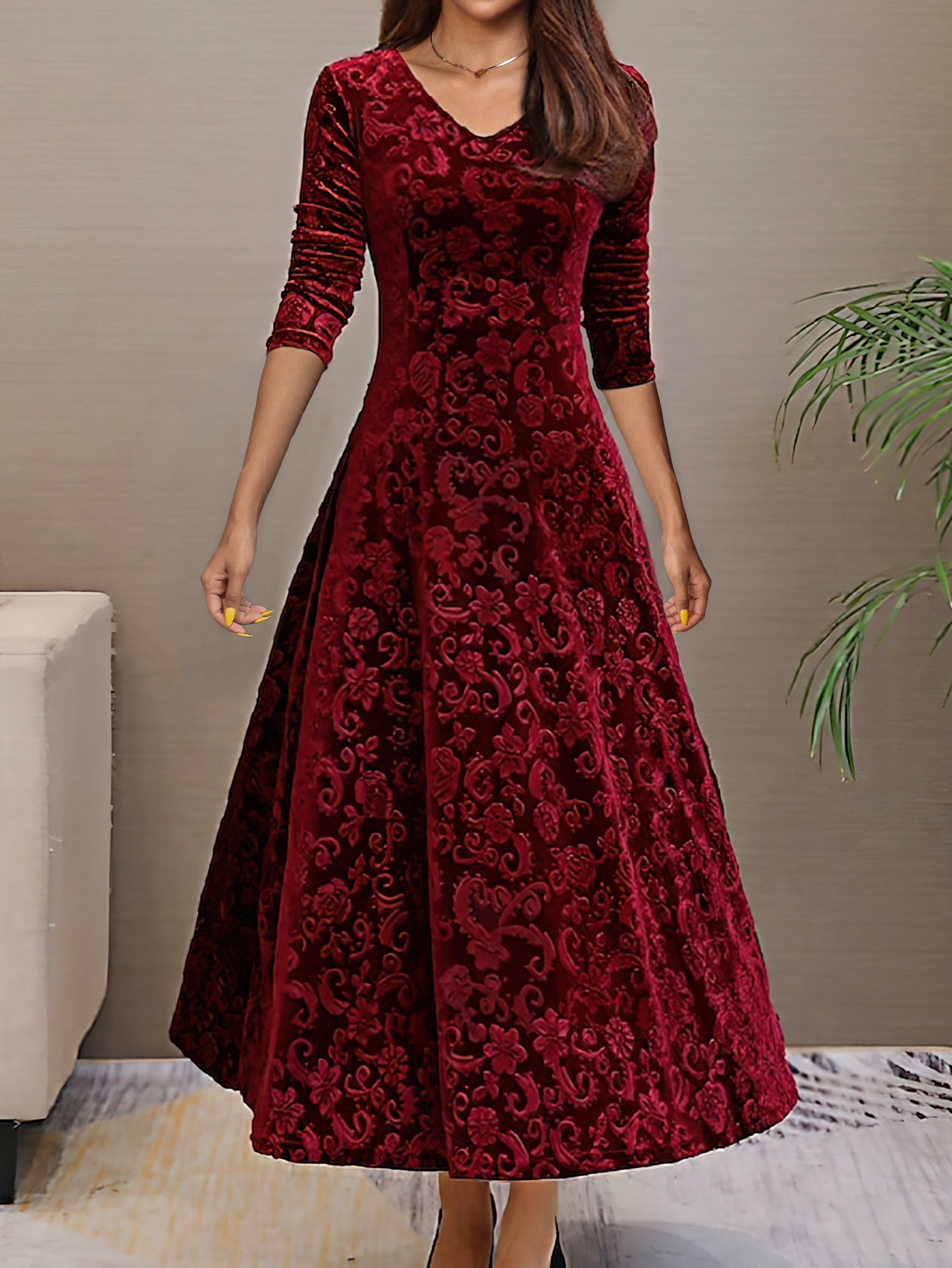 Maxi Abito Donna | Velluto con Motivo Jacquard & Gonna Svasata a 360°
