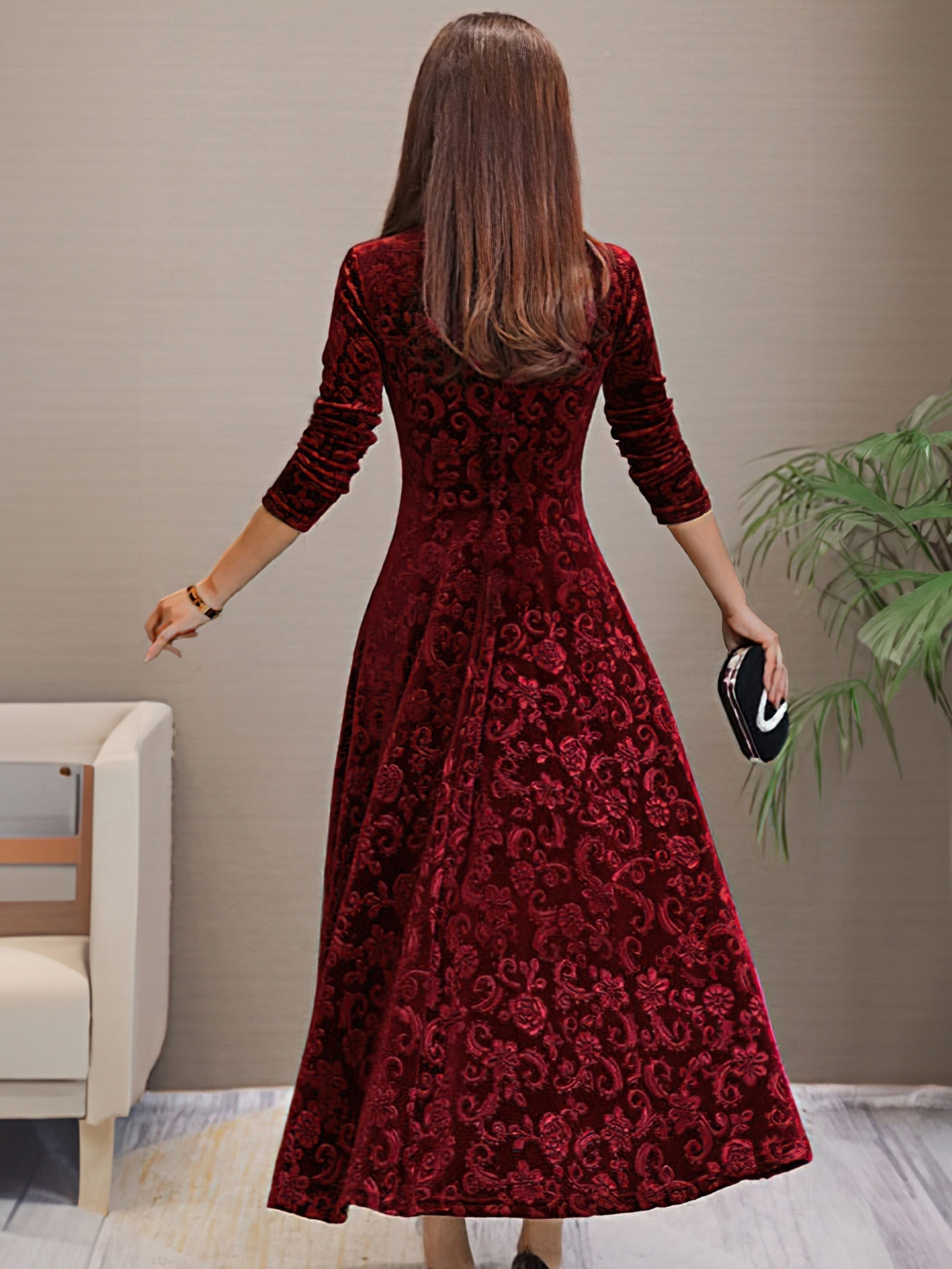 Maxi Abito Donna | Velluto con Motivo Jacquard & Gonna Svasata a 360°