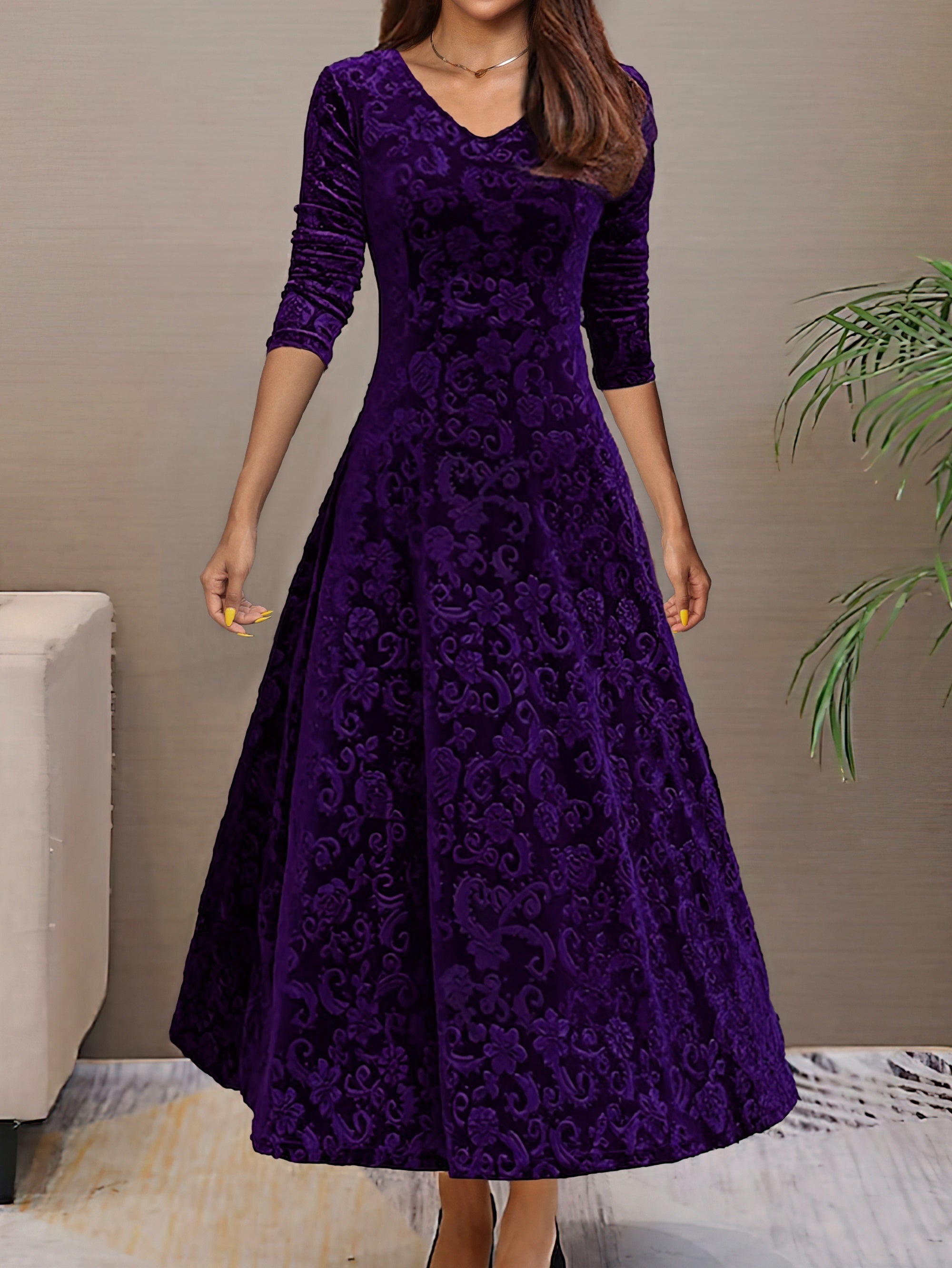 Maxi Abito Donna | Velluto con Motivo Jacquard & Gonna Svasata a 360°