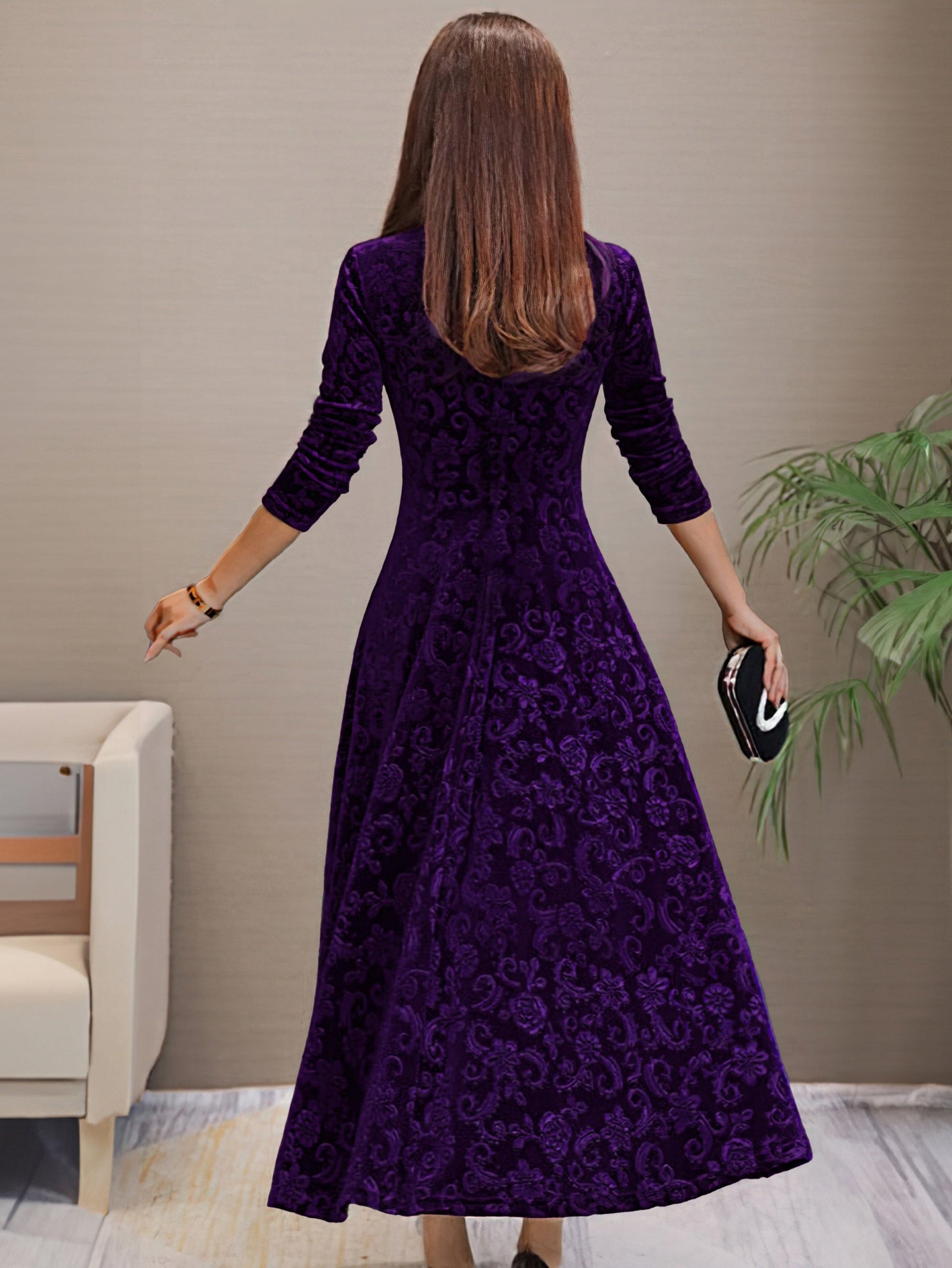 Maxi Abito Donna | Velluto con Motivo Jacquard & Gonna Svasata a 360°