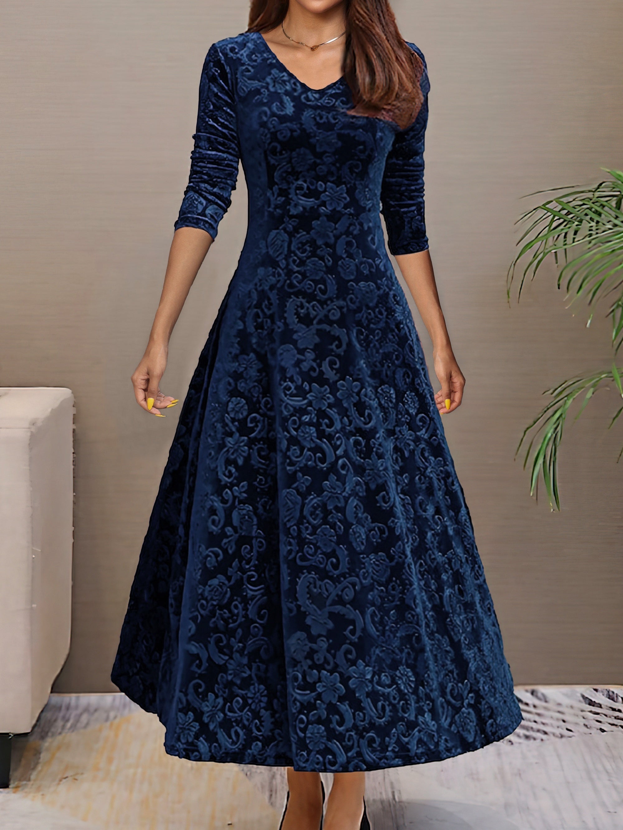 Maxi Abito Donna | Velluto con Motivo Jacquard & Gonna Svasata a 360°