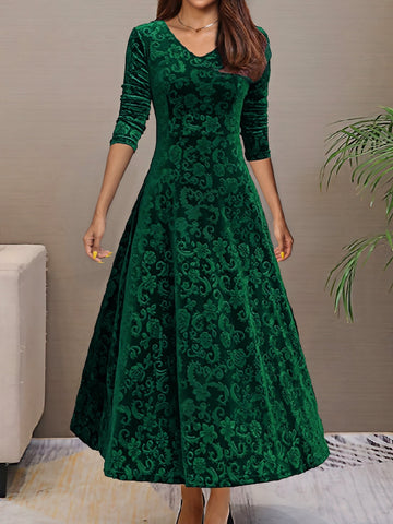 Maxi Abito Donna | Velluto con Motivo Jacquard & Gonna Svasata a 360°