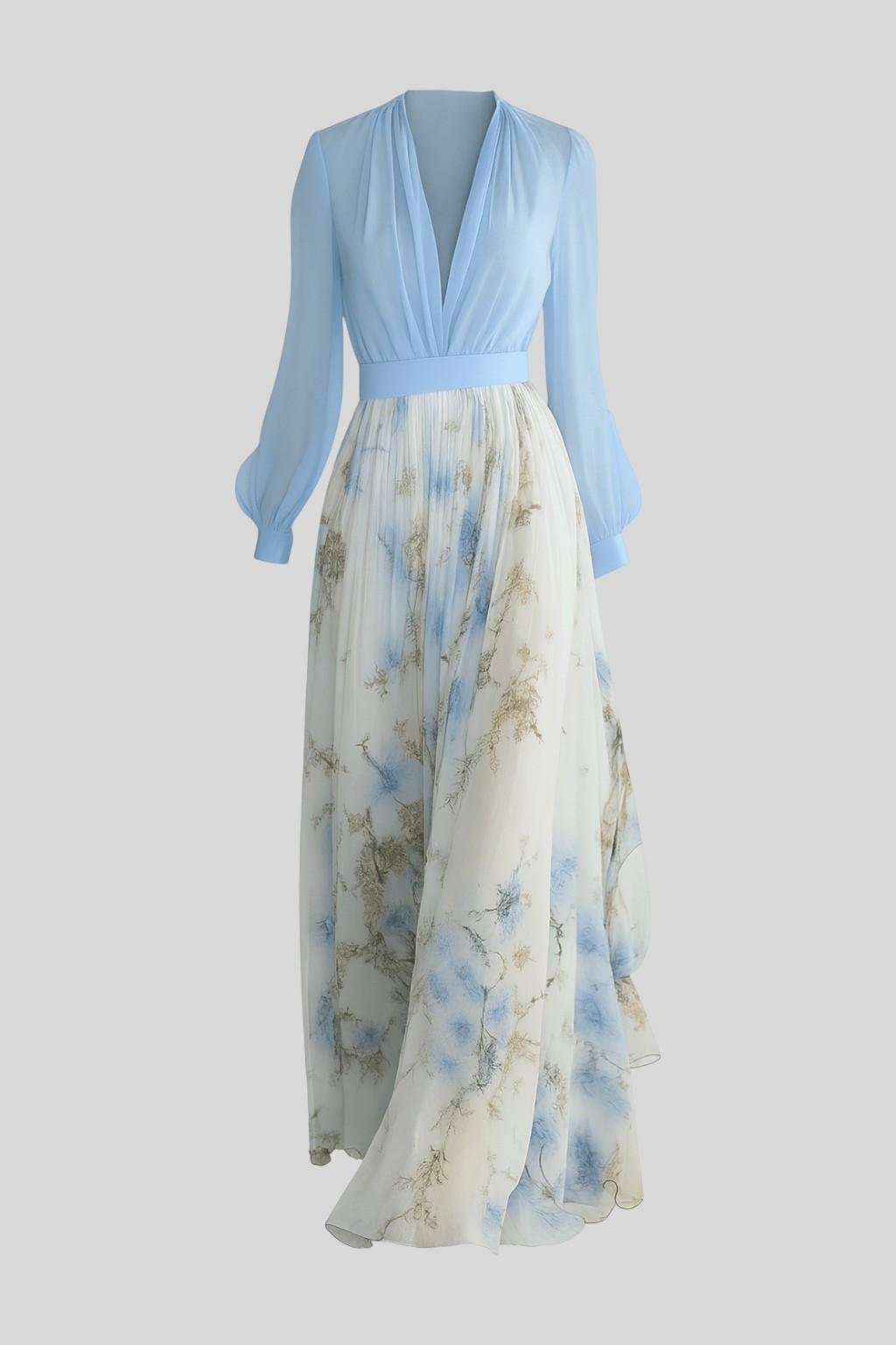 Maxi Abito Donna in Chiffon | Corpetto Drappeggiato & Gonna Floreale | Maniche a Palloncino