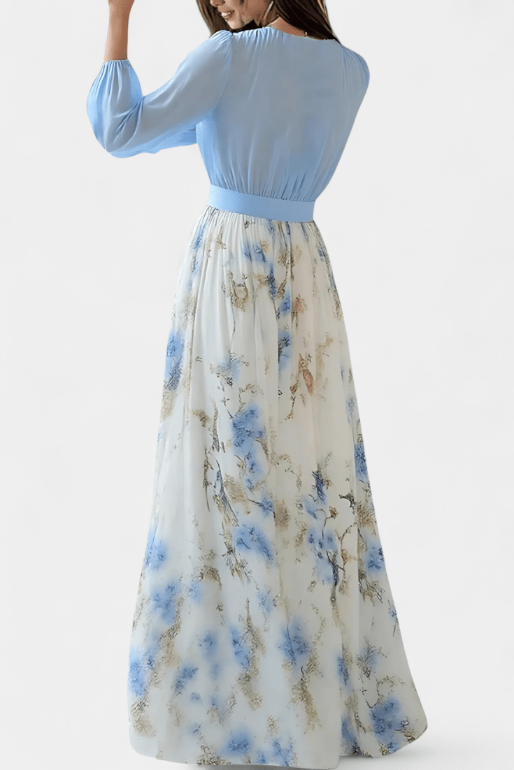 Maxi Abito Donna in Chiffon | Corpetto Drappeggiato & Gonna Floreale | Maniche a Palloncino