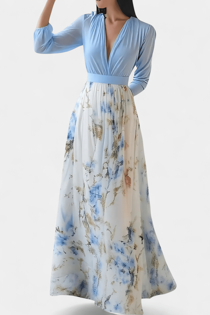 Maxi Abito Donna in Chiffon | Corpetto Drappeggiato & Gonna Floreale | Maniche a Palloncino