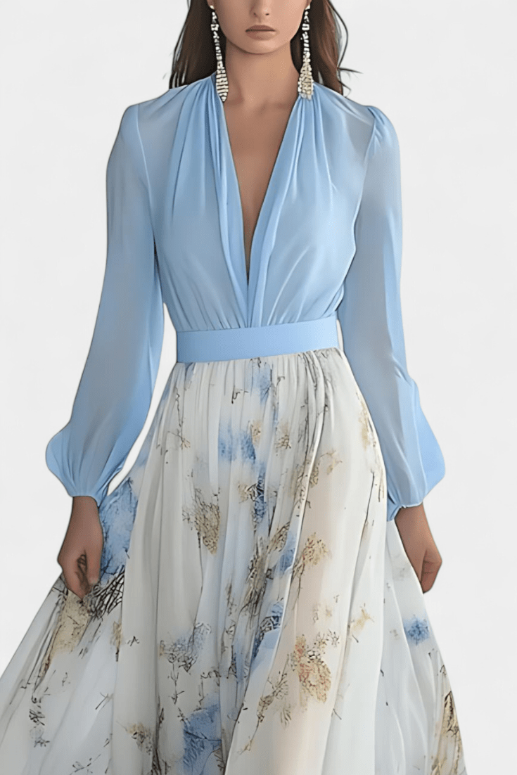 Maxi Abito Donna in Chiffon | Corpetto Drappeggiato & Gonna Floreale | Maniche a Palloncino