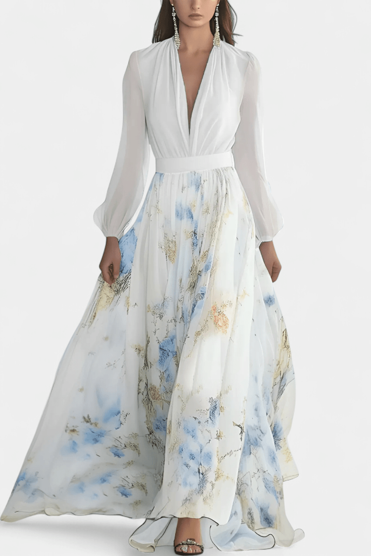 Maxi Abito Donna in Chiffon | Corpetto Drappeggiato & Gonna Floreale | Maniche a Palloncino