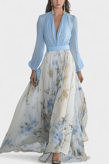 Maxi Abito Donna in Chiffon | Corpetto Drappeggiato & Gonna Floreale | Maniche a Palloncino