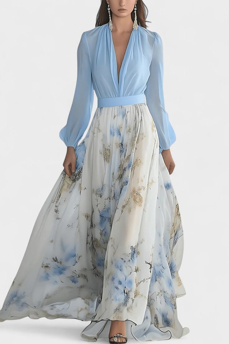 Maxi Abito Donna in Chiffon | Corpetto Drappeggiato & Gonna Floreale | Maniche a Palloncino