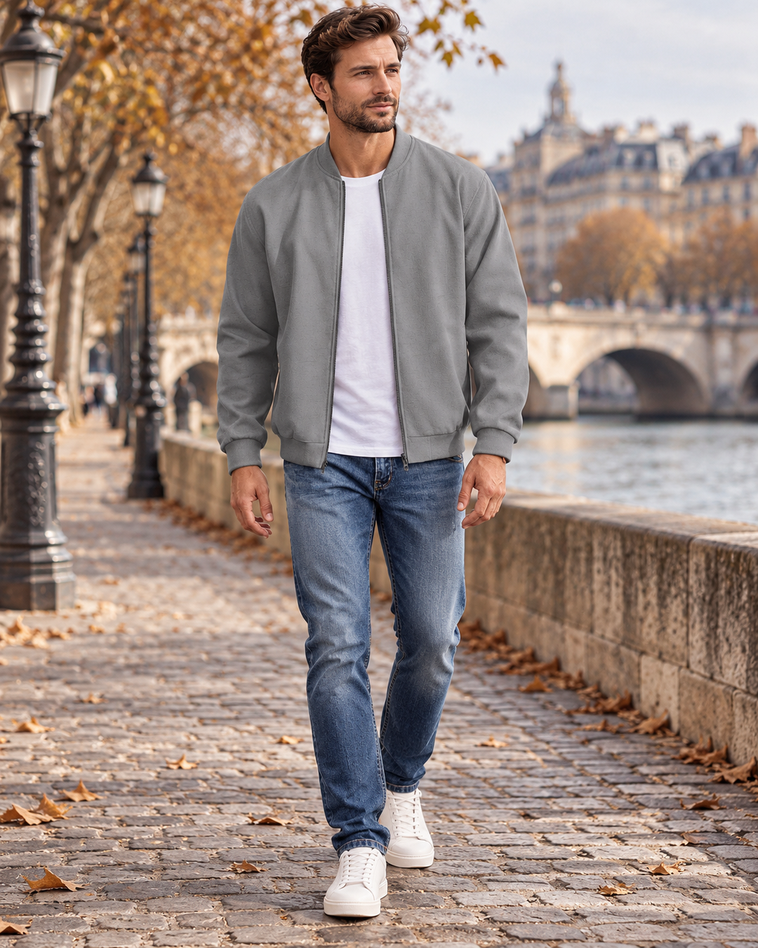 Men's Bomber Jacket Ribbed Collar Zip Up Side Pockets 1