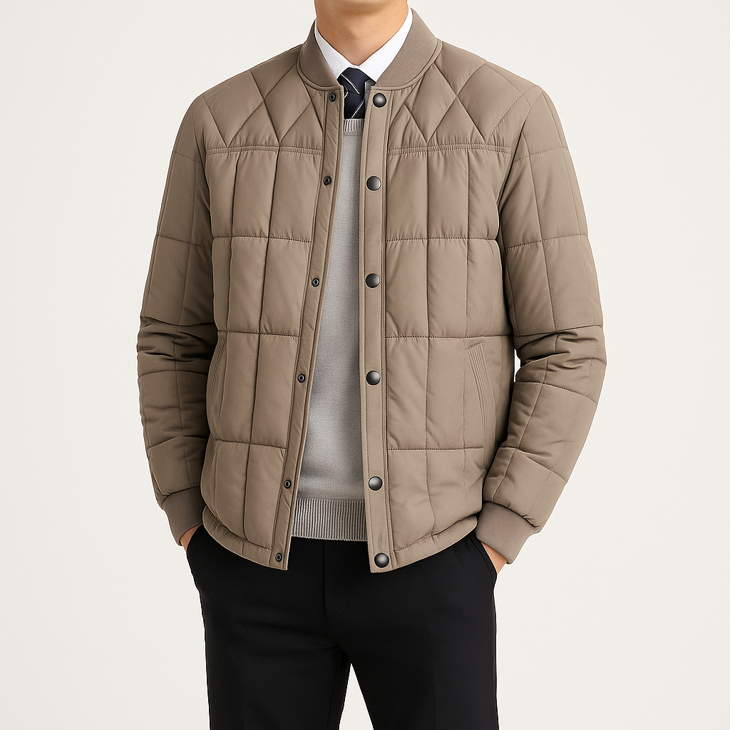 Men's Tailored Quilted Coat Ribbed Collar Button Front 1