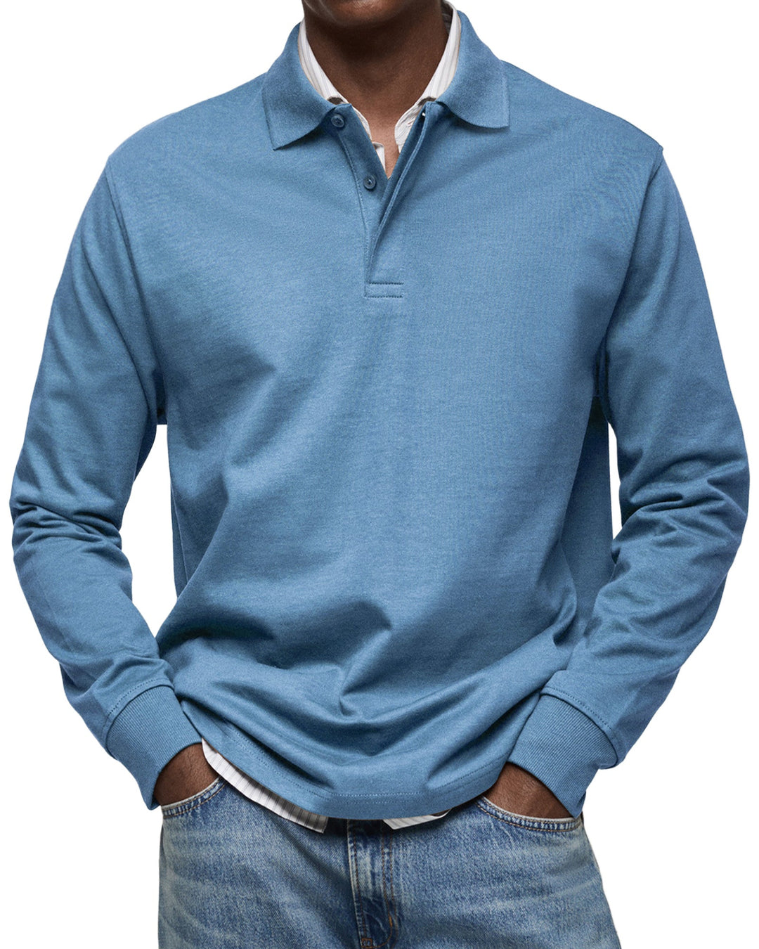 Men's Long-Sleeve Polo with Shaped Collar & Front Button Placket