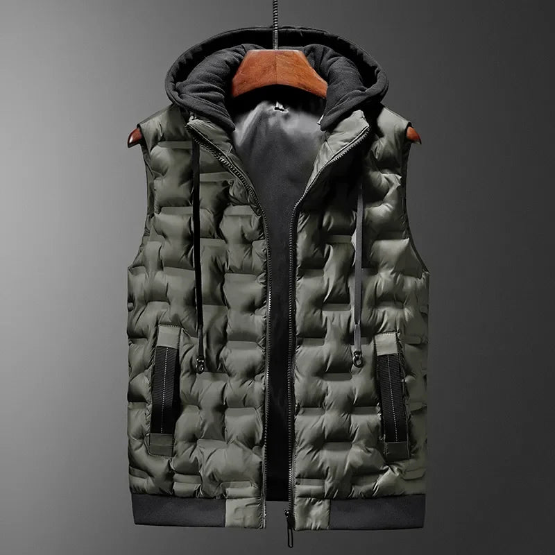 Men's Puffer Vest Hooded Drawstring Box Quilt Finish with Front Zip